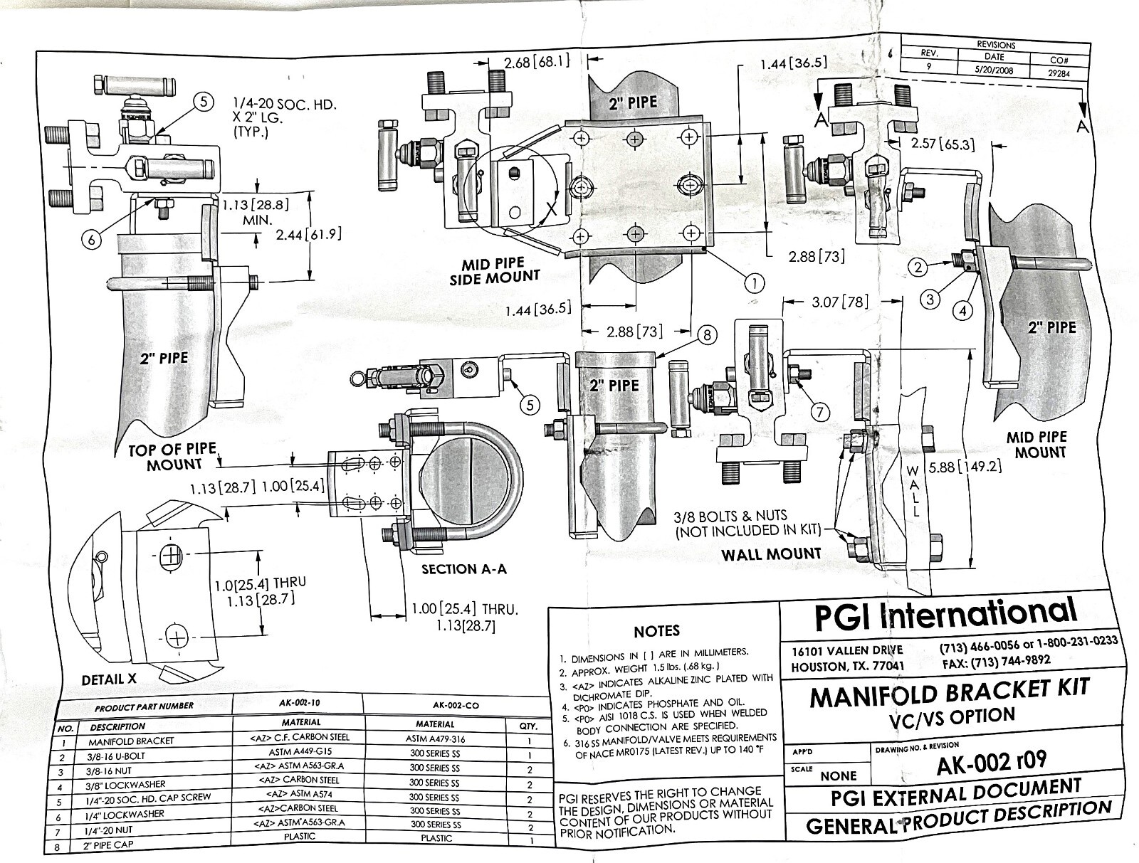 ENDRESS HAUSER, MODEL 71037615, MANIFOLD BRACKET KIT, PGI, 316 SST, NEW