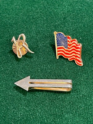3 Lapel Tie Tack Pins-American Flag, Arrow, ''R''