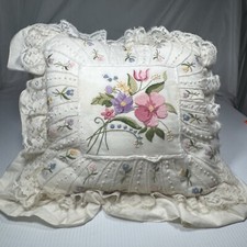 Candamar Candlewicking Embroidery Pillow - 14" vtg 1990s Floral Flowers Lace