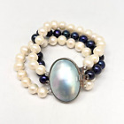 Womens Bracelet Cultured Black Pearl 3 Beaded Strands White & Dyed 8mm 54 Ps 7in