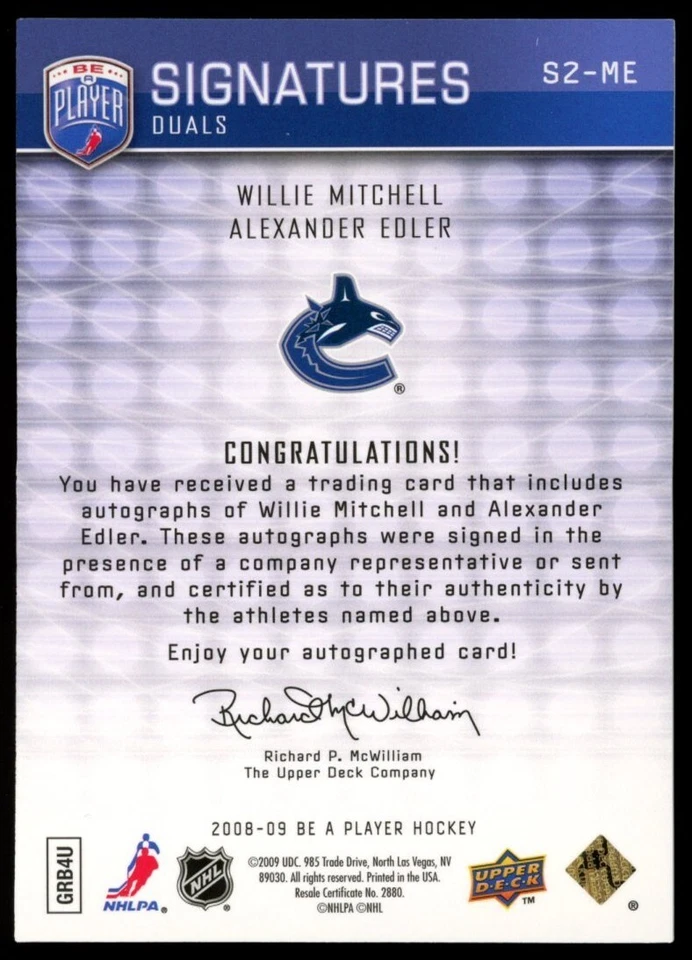 2008-09 UD Be a Player WILLIE MITCHELL / ALEXANDER EDLER Signatures Duals #S2-ME - Image 2 of 3