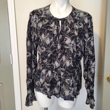 Cinq a Sept Botanical Floral Print Semi Sheer Balloon Sleeve Blouse L 