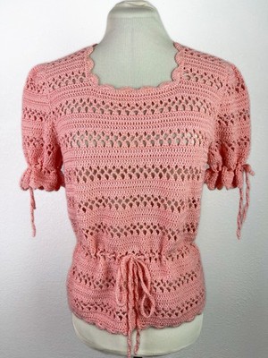 Handmade Crochet Knitted Women s Top Sweater Medium Peachy Waist Tie Short Slv