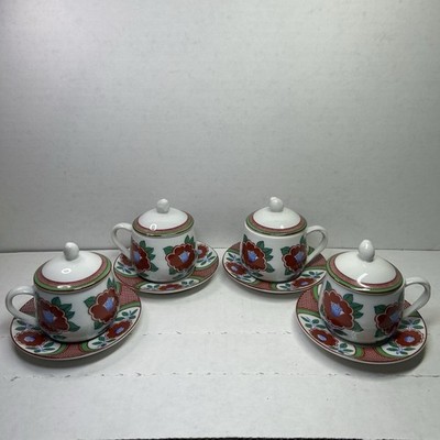 Vintage FITZ & FLOYD CAMELLIA 3-Piece Pot De Creme With Underplate Set Of 4