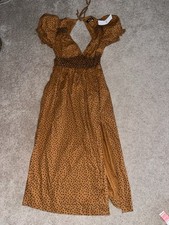 Nwt Urban Outfitters Dress Small Liliana Side Slit Midi Dress Brown Polka Dot 