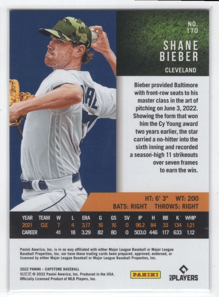 #170 2022 Capstone BASE Shane Bieber Guardians - Image 2 of 2