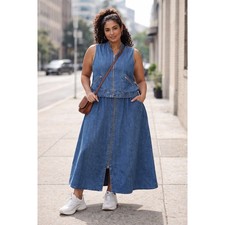 Stephanie Thomas Sport Vintage Denim Vest and Maxi Skirt Set Blue Size 22
