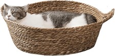 Cat Bed, Straw Woven Cat Baskets Bed, Round Wicker Cat Basket Nest, Non-Slip