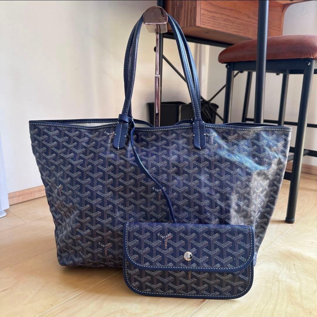Goyard Saint Louis PM Tote Bag Blue Shoulder Handbag Coated Canvas