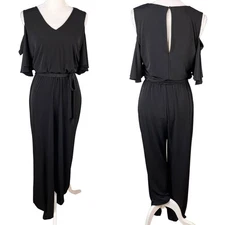 Calvin Klein Jumpsuit 8 Black Cold Shoulder Stretch Belt V-Neck