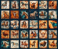Born to Run Horses and Bulls Picture Patches Horse 36x44 Cotton Fabric Panel
