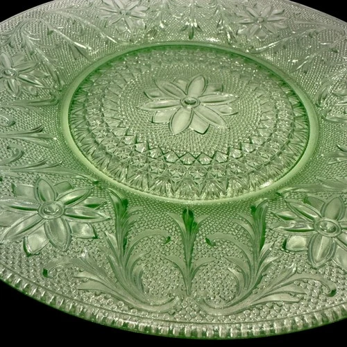 Vaseline Green Glows Uranium Glass Plate 10" Pressed Depression Floral Vtg 1930s