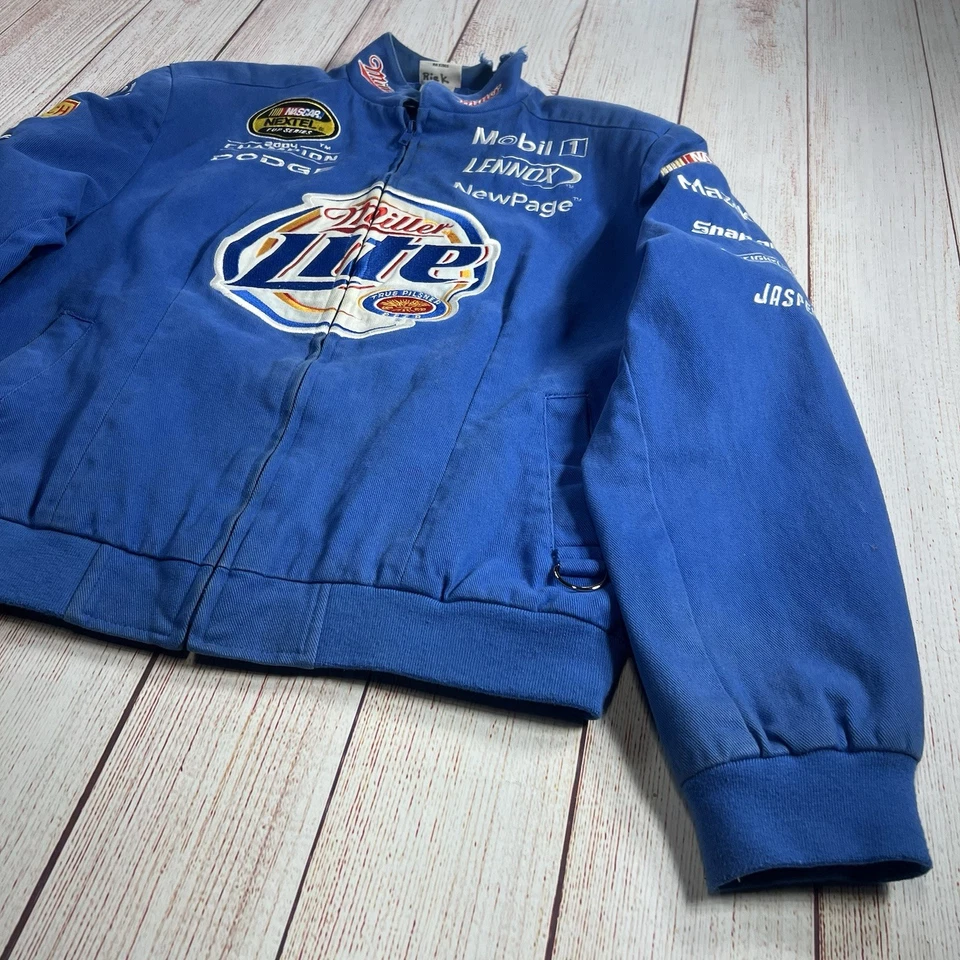 Chaqueta De Colección Miller Lite Kurt Busch NASCAR Desteñida Envejecida Para Mujer XL Azul Foto 2 de 4