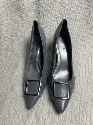 comfort plus by predictions Faux Patent Gray  Slip On Heels  Silver Buckle SZ11