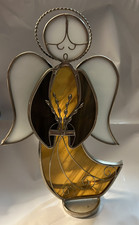 Vtg Stained Glass Standing Angel Figurine Amber White Brown 9 Holding Flowers