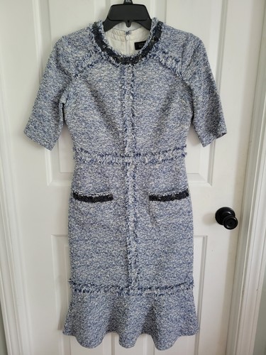 Abito midi Teri Jon By Rickie Freeman blu tweed perline frange orlo arricciato taglia 2