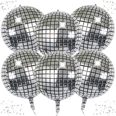 6-Pack 22 Inch Silver 4D Disco Ball Balloons - Decorations for 90S Dancing Queen