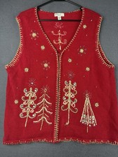Kim Rogers Womens L Christmas Tree Sweater Vest Red Beaded Holiday Full Zip