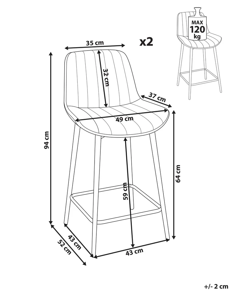 Barstuhl 2er Set Samt hellbeige gesteppt mit Metallgestell Fußstütze Dubrovnik - Bild 3 von 4