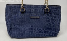 Tommy Hilfiger Womens Blue Signature Print Double Handle Zip Top Lined Tote Bag
