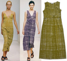 Vintage Prada Spring 1996 Acid Green Tweed Print Empire Waist Midi Slip Dress 38