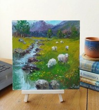 Dipinto Olio Originale 8x8" Pecora Paesaggio Pastorale Prato Valle Arte su Tela