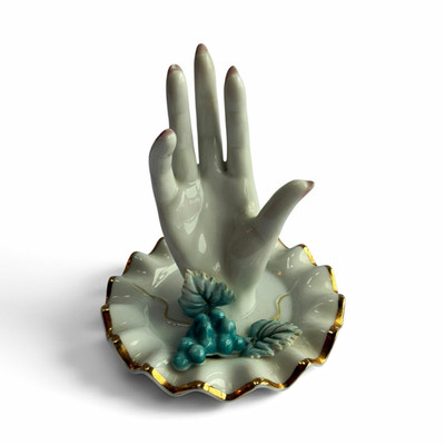 Ceramic Hand Figurine Ring Holder Trinket Dish White Gold Trim Blue Grapes