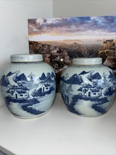 Antique Pair Chinese Blue & White Porcelain Ginger Jars with Lids