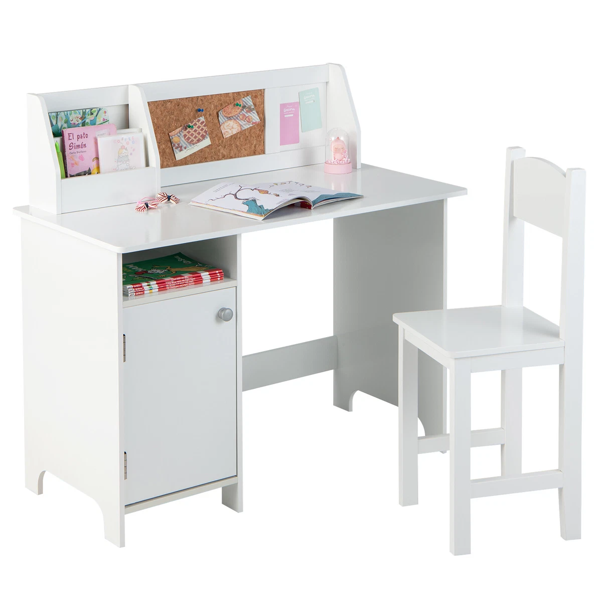 Kids Wooden Study Desk Chair Set Writing Table with Bookshelf