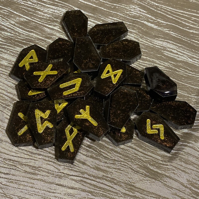 Coffin Shaped Brown Shimmer Resin Rune Stones, Elder Futhark