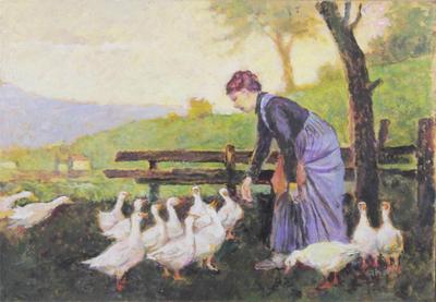 LUDOVICO TOMMASI? PEASANT WOMAN FEEDING. DOUBLE OIL PAINTING. ITALY.