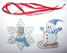 (2) wooden Christmas ornament gift tag Snowman head in snowflake & riding sled