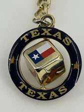 Texas Spinner Dice Gold Tone Enamel Keychain Key Ring Fob Souvenir