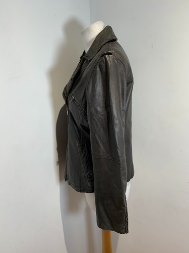 Max Mara brown biker jacket UK 12 VGC leather classic asymmetrical ruffle trim - Picture 8 of 13