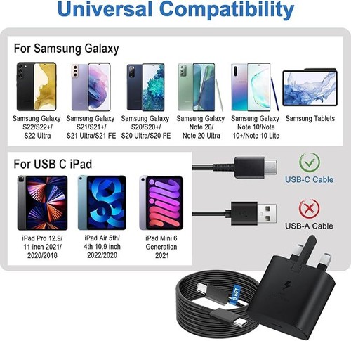 Genuine 25W Super Fast Charger Adapter Plug & Cable For Samsung Galaxy Phones UK - Zdjęcie 3 z 16