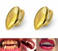 Hip Hop 14K Gold Plated Mouth Teeth Grills Grillz Single Fangs - 2 pc Set