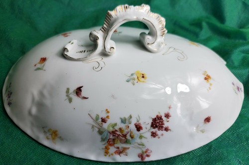 Large Antique Carlsbad Austria Porcelain OVAL SERVER & LID Purple Flowers Vintag - Picture 9 of 12