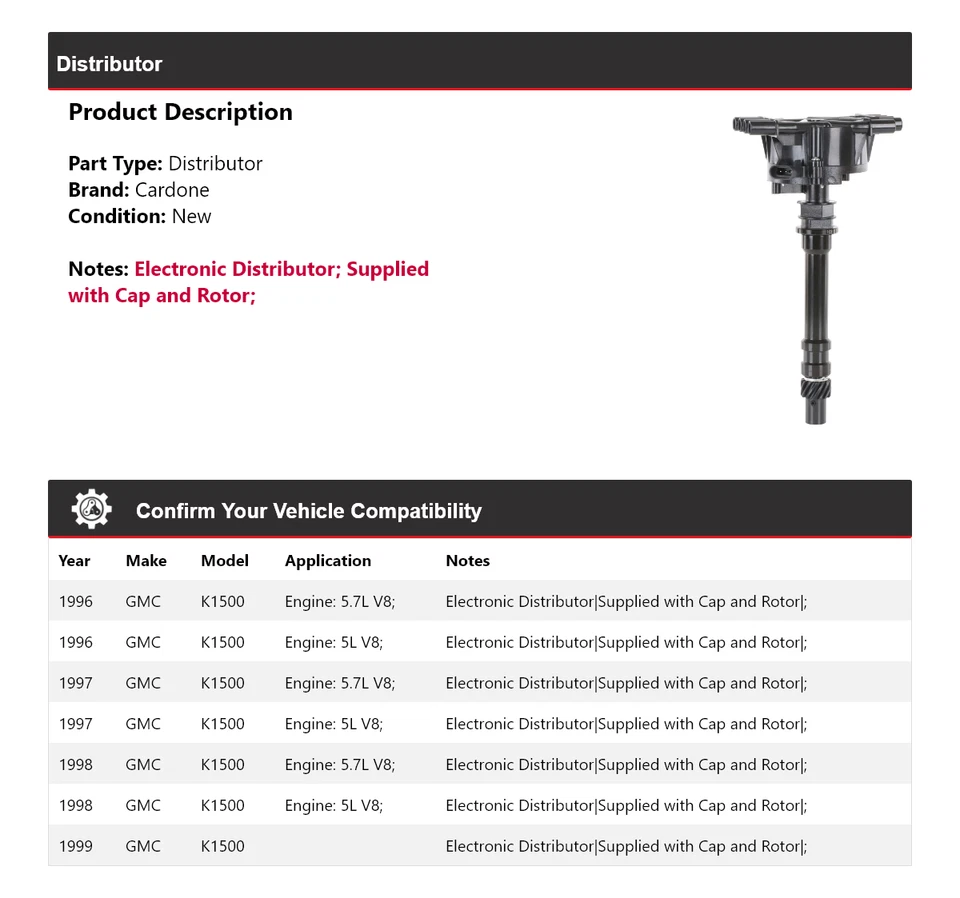 Para GMC K1500 1996-1999 Distribuidor Cardone 1997 1998 Foto 2 de 4