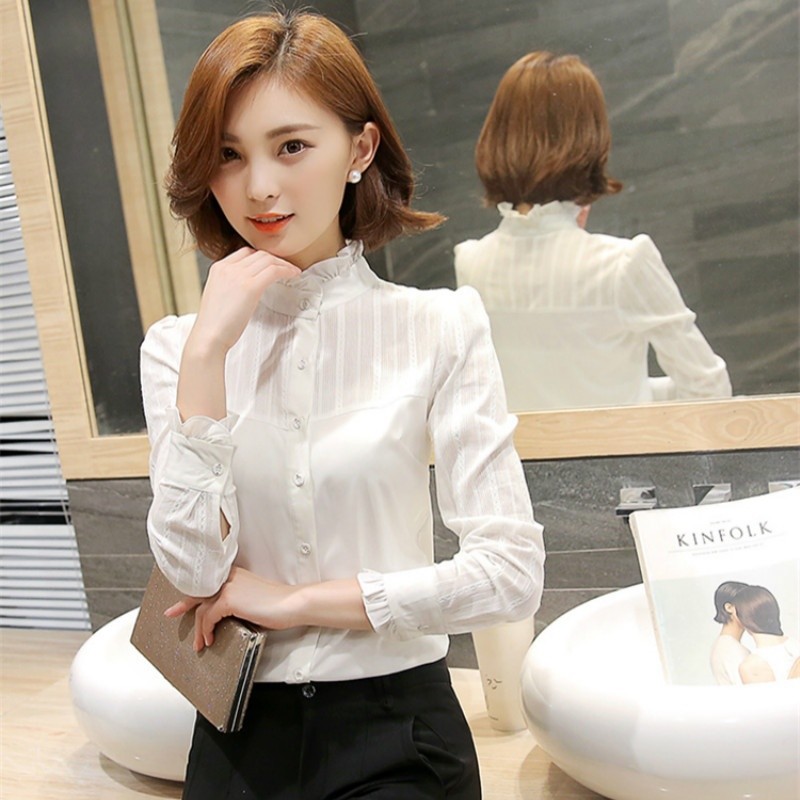 Lady Lace Ruffle Collar Shirt Pleated Frill Sleeve Slim Blouse Victorian  Summer