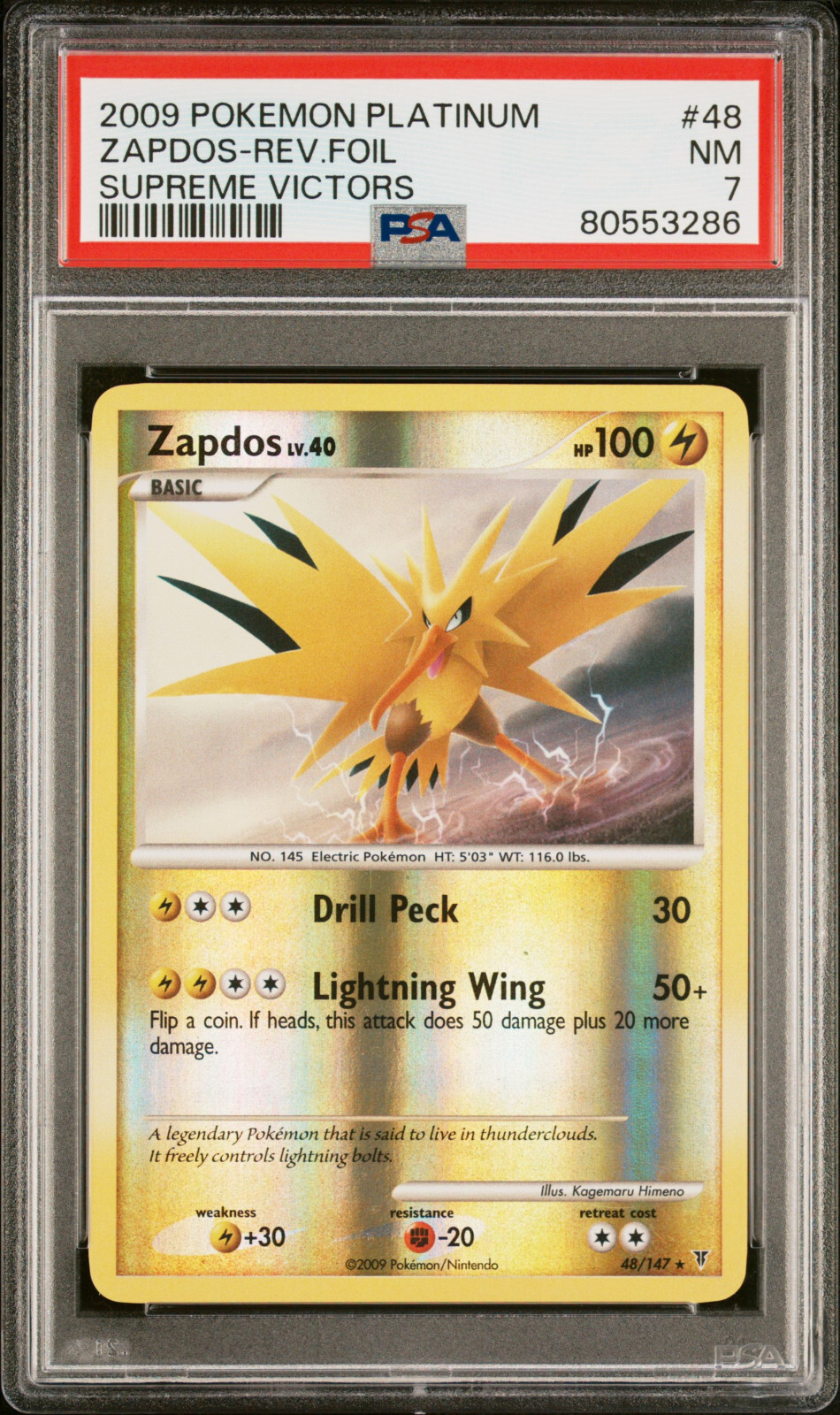 2009 POKEMON SUPREME VICTORS ZAPDOS #48 REVERSE HOLO PSA 7 NM #80553286