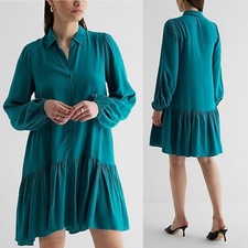 Express Dress Drop Waist Ruffle Hem Oversized Size Small Women Teal Long Sleeves