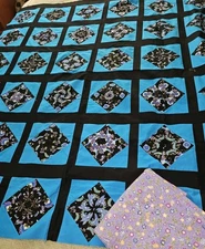 Unfinished Blue & Black Quilt Top 64 X 57 Jacobean Flower Prints & Extra Fabric 