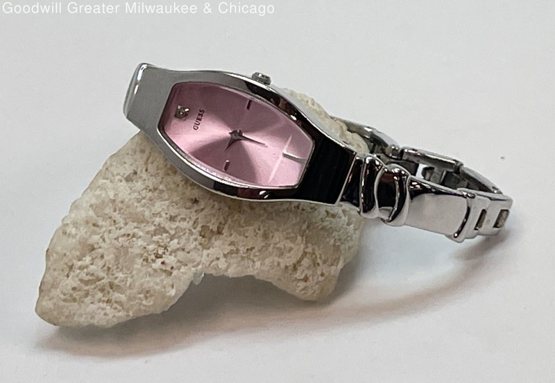 Guess Women's Silver Tone Pink Dial Wristwatch 33.1g
