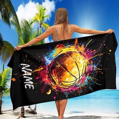 1pc Custom Name Basketball Beach Towel - Vibrant Splash Art Design, Quick-Dry