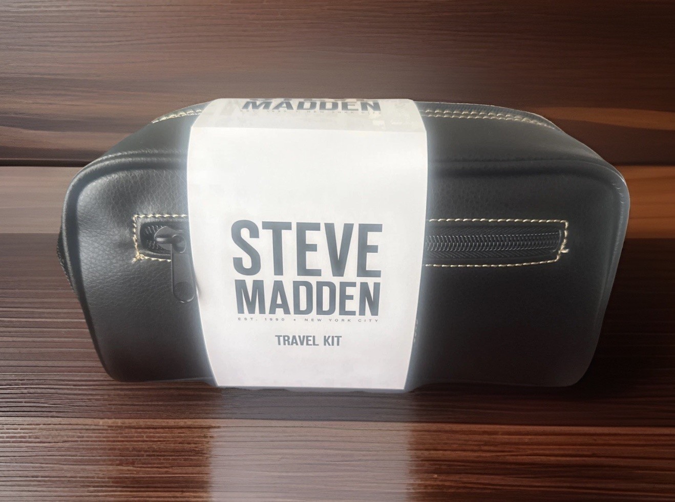 STEVE MADDEN Men's Black Zipper Toiletry Bag Kit w Zip Side Pouch Vegan Leather