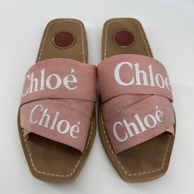 Chloe Woody Logo Canvas Crossover Strap Slide Sandals Size 10 EU 40 Italy Made
