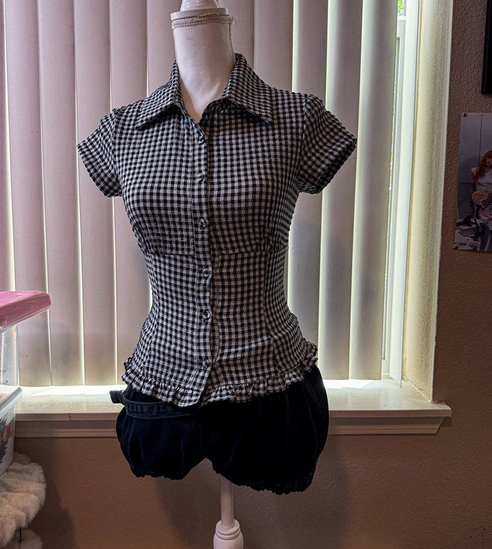 Princess Polly Black White Gingham Collared Button-Up Cap Sleeve Blouse US 0