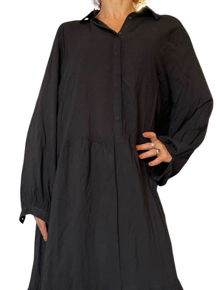 H&M Black Collared Long Midi Maxi Shirt Dress Minimalist Modest Viscose Tiered L - Image 4 of 4