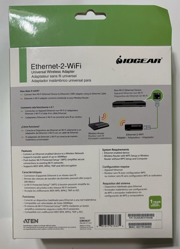 IOGEAR Universal RJ-45 Ethernet to Wi-Fi Wireless Adapter Dongle with WPS GWU637 - Image 2 of 4