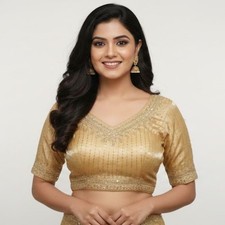 Traditional Indian Embroidered Blouse Top V-Neck, Half Sleeve